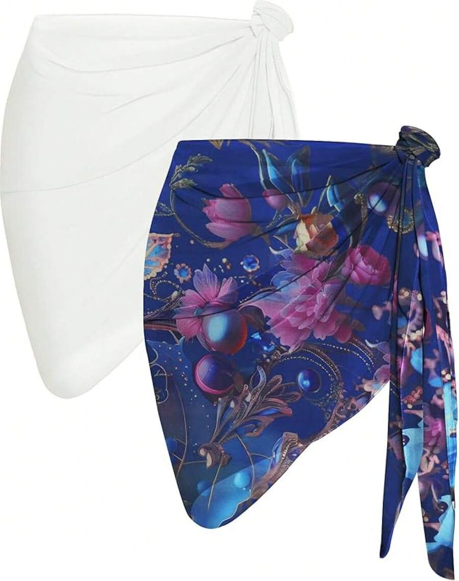 CHICGAL 2 Pieces Women Beach Sarong Bathing Suit Wrap Skirt Sheer Bikini Swimsuit Cover Ups Swimwear - 白色和亮藍色的花 - 查看 1