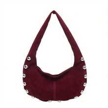 Women Suede Hobo Bag Studded Shoulder Bag Solid Color Handbag - Dark Brown - View 8