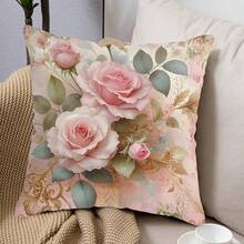 TOPSSCTR 4 件套抱枕套，粉色玫瑰图案设计涤纶枕套，适用于客厅、卧室、沙发、床，柔软单面印花枕套，无填充