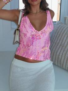 Women Y2K Sequin Tank Top Sparkly Sleeveless Deep V Neck Slim Fit Cami Crop Top Summer Backless Glitter Camisole Vests Shirts Party Club Going Out Tops Rave Outfits - 淺粉色 - 查看 6