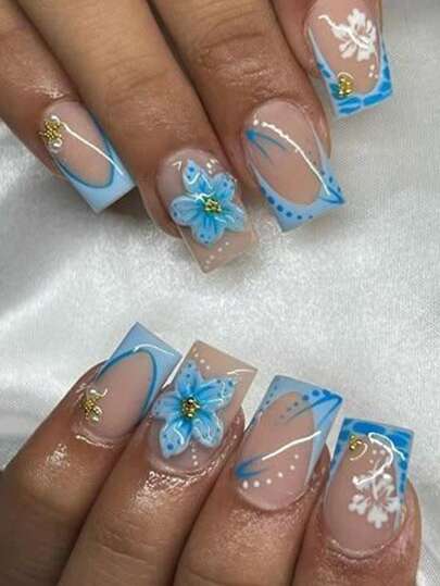 24Pcs Short Square 3D Gelnail Makes With Pearl Decoration Design Light Blue French Acrylic Press On Nails Short Fit Perfectly Fake Nail Set,Contain 1pc Jelly Glue And 1pc Nail File,Easy To Wear Summer Nails & French Tip Nails Art For Woman & Girl For Daily Wear And Party Use