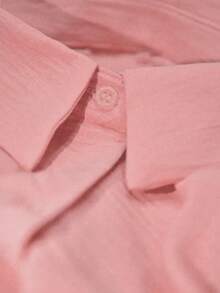 女式简约宽松直筒裤纽扣上衣，朴素休闲波西米亚风纯色两件套，开学万圣节秋冬 - 粉色 - 查看 3