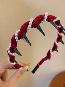 1pc Vintage Velvet Wavy Pearl Headband, High Crown Anti-Slip Toothed Facial Wash Hair Tie, Hair Clip, Hair Tie, Hair Accessory, Suitable For Everyday Wear, Hair Band, Hair Hoop, Hair Accessories ,Head Piece