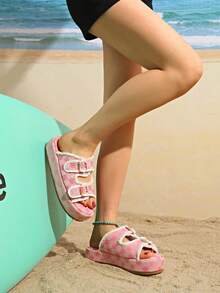 Women's Round Toe Thick Bottom Presbyopia Fashionable Candy Color Open Toe Increased Height Versatile Beach Slippers - Pink - View 3