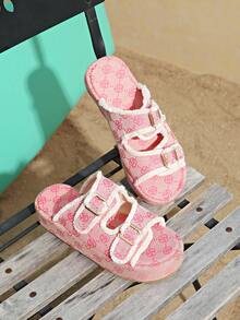 Women's Round Toe Thick Bottom Presbyopia Fashionable Candy Color Open Toe Increased Height Versatile Beach Slippers - Pink - View 7