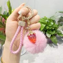 TTOBS 1pc Elegant Braided Leather Keychain With Fluffy Pompom Charm - Durable, Stylish & Versatile Women Key Holder - Multiple Colors, Perfect Car Owner Accessory, Fashionable Gift Idea