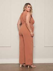 FASHION MIX PREMIUM Elegant Long Jumpsuit Tailored With Detail At The Waist And V-Neckline Plus Size Women's Fits 46 To 50 - 卡布奇諾 - 查看 3