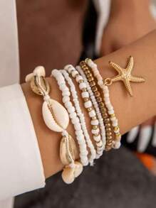 7 peças/Conjunto Pulseiras Femininas de Conchas e Estrelas-do-Mar com Contas, Acessórios de Praia e Diários