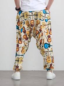 Pantalones harem sueltos de moda con gráfico de guitarra para hombres, uso casual diario, estilo hip hop y rock