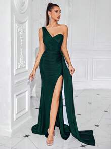 ADYCE Asymmetrical Neck Ruched Waist Split Thigh Long Dress With Draped Front And Backless Design, Perfect For Dance Parties Elegant Formal Evening Prom Wedding Guest Gown, For Graduation, Dinner Party Dress