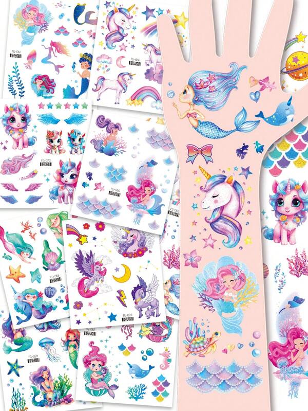 8 Sheets Glitter Mermaid & Unicorn Temporary Tattoo Stickers,Bling-Bling Cartoon Waterproof Unicorn Rainbow Bow Wings Mermaid Fairy Ocean Starfish Seahorse Coral Turtle Pattern,Birthday Party Favors,Gifts, Goodie Bags Fillers,Stocking StufferLasting 2-5 Days