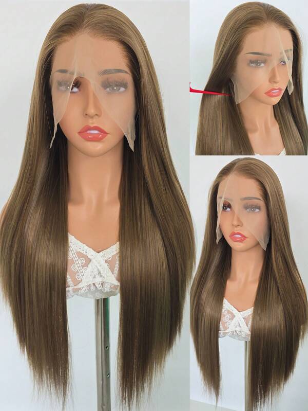 باروكة صناعية عصرية، أمامية من الدانتيل، 24 بوصة، لون بني كتان، من ألياف عالية الحرارة، قابلة للتصفيف، مناسبة للارتداء اليومي