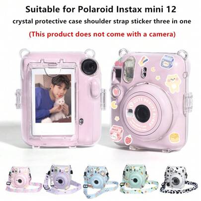 Protective Case Transparent Crystal Shell Compatible With Fujifilm Mini 12 Instant Camera With Shoulder Strap, Sticker And Photo Storage Bag