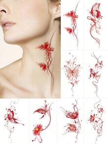 8 hojas de tatuajes temporales de mariposas Y2K rojas para la parte baja de la espalda, tatuajes realistas a prueba de agua para manos, espalda, pecho y cuello, para fiestas, festivales y suministros de maquillaje diario - Rojo - Ver 9