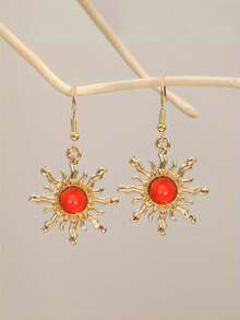 1 Pair Bohemian Style Baroque Sunflower Faux Jade Plated Gold Dangle Earrings, Elegant & Fashionable Earring Hooks - Sun - View 16
