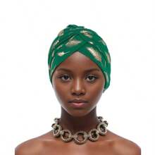 1PC Fashionable Versatile Feather Metallic Gold Print India-Style Head Wrap Turban, Cancer Chemo Hat For Hair Coverage