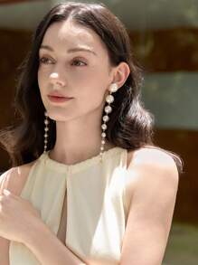 1 Pair Elegant Long Tassel & Faux Pearl Dangle Earrings, Fashion Jewelry Accessory For Party
