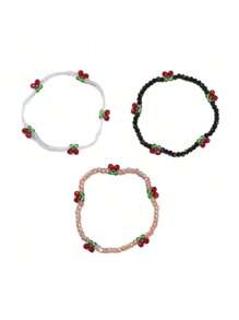 3pcs/Set Colorful Glass Beaded Cherry Blossom Elastic Bracelets, Crystal Cherry Bracelet Set