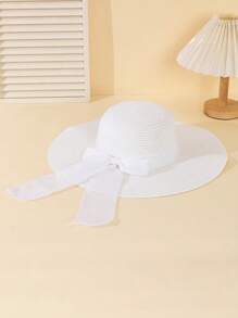 1 pièce Chapeau de soleil de plage élégant à nœud papillon blanc et ondulé pour femme, protection contre le soleil pour les vacances