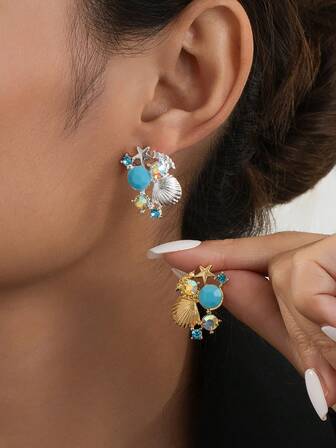 1 par de pendientes de botón elegantes y lujosos con forma de concha marina decorados con rhinestones, adecuados para el uso diario de las mujeres