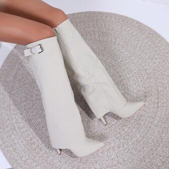 New White Pointed Toe Mid-Calf High Shaft Boots With Wedge Heel