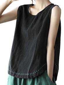 Women's Tank Tops Summer Causal Versatile Solid Color Plus Size Loose Sleeveless Linen Shirt - Black - View 6