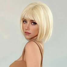 de moda peluca rubia clara bobo femenino pelo corto y liso al final de un corte de pelo de fibra sintética conjunto de cabeza completa K50U - 743-oro claro - Ver 7