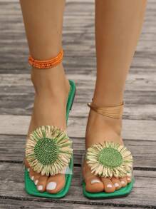 Sandali casual versatili adatti a qualsiasi occasione - carini, rinfrescanti, eleganti, ideali per feste. Ciabatte aperte sulla punta per l'uso estivo all'aperto, nuovi sandali romani intrecciati per primavera/estate, scarpe da donna di stile francese alla moda da abbinare ad abiti per spiaggia, appartamento, scarpe eleganti piatte verdi, sandali bohémien comodi da camminare, scarpe da donna scivolate con decorazione a girasole