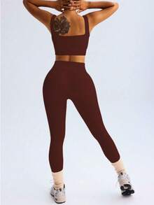 Fitness Set In Ribbed, Full-Bodied Polyamide - Top And Leggings - High Compression - Cà phê nâu - Xem 7