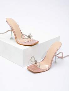 Giày sandal cao gót quai mảnh, đính đá lấp lánh, hở mũi, có nơ, dành cho nữ, thích hợp cho mùa hè. - Hồng - Xem 6