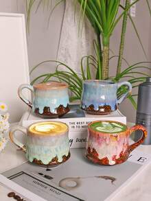 1pc 300ml Creative Reactive Glaze Ceramic Mug, Household Breakfast Milk Cup, Latte Art Cup, Water Cup, Retro Ceramic Coffee Cup, Household Drinking Cup, Latte Art Cup, Espresso Cup, Couple Cup, Breakfast Milk Cup - Multicolor - View 2