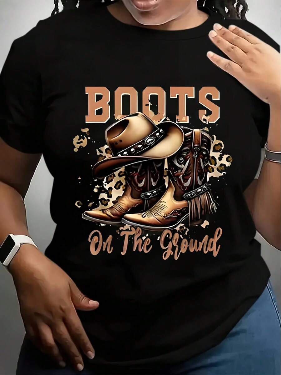 Women Western Cowboy Boots Graphic T-Shirt - "Boots On The Ground" Design, Black White Casual Round Neck Tee, Machine Washable, All-Season Comfort Fit For Adults, Casual Wear | Cowboy Graphic Tee | Casual Comfort Fit - 黑色 - 查看 1