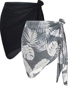 CHICGAL 2 Pieces Women Beach Sarong Bathing Suit Wrap Skirt Sheer Bikini Swimsuit Cover Ups Swimwear - 黑色和灰色的葉子 - 查看 1