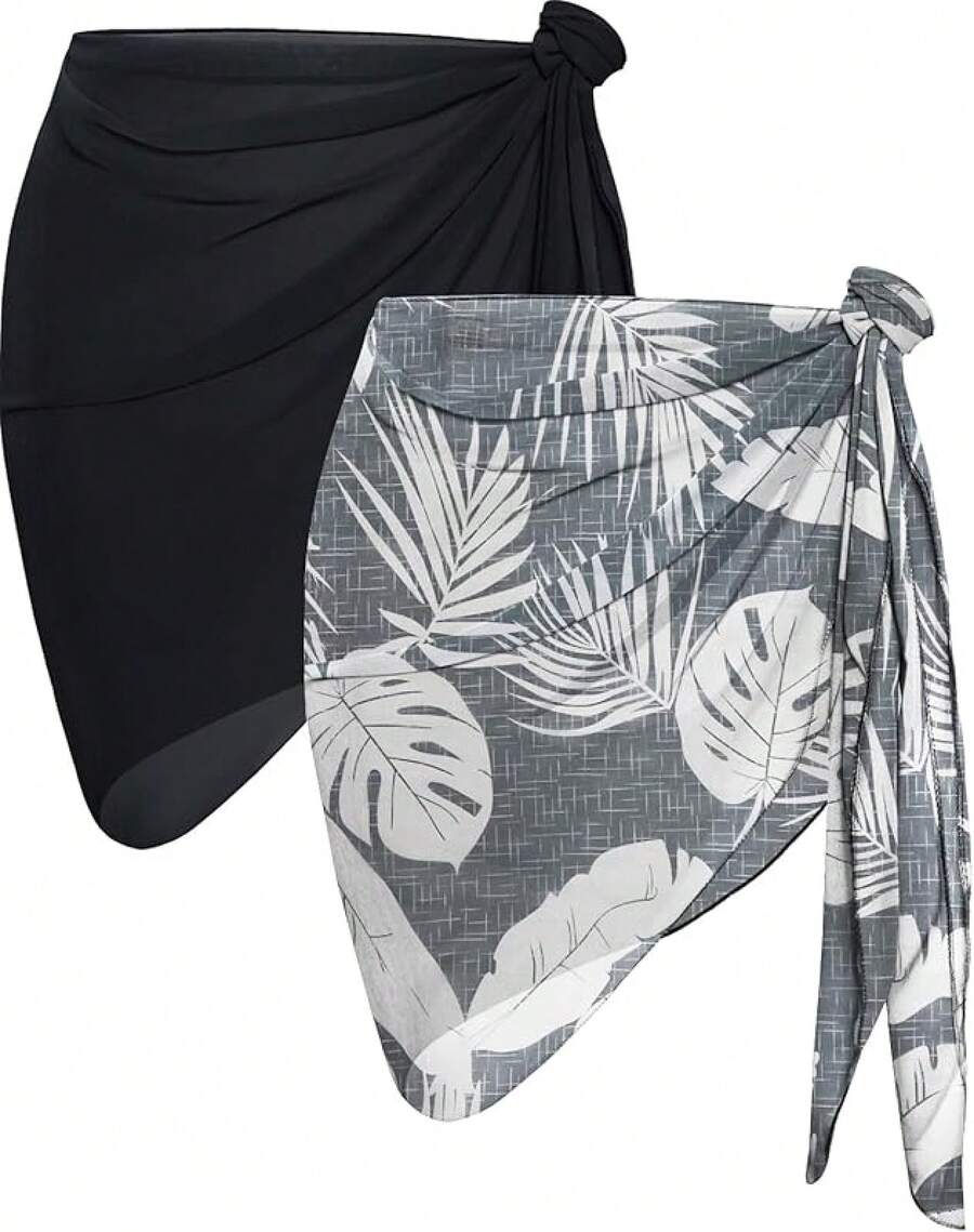 CHICGAL 2 Pieces Women Beach Sarong Bathing Suit Wrap Skirt Sheer Bikini Swimsuit Cover Ups Swimwear - 黑色和灰色的葉子 - 查看 1