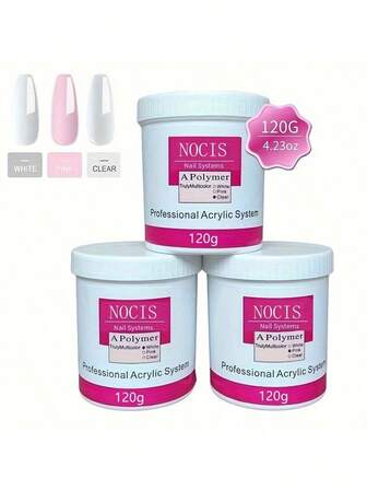 120g akrylnagelpulverset - Vitt/rosa/klart för extensions och 3D-snideri | Oparfymerat, lättanvänt professionellt nagelkonstkit, salong och gör-det-själv-manikyr akrylpress-on-naglar