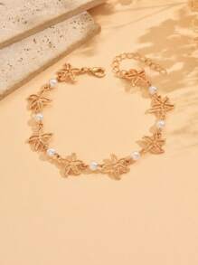 1pc Ocean Starfish Alloy Anklet With Faux Pearl, Classic Fashion Jewelry For Everyday Wear, Beach, Party, Date, Travel