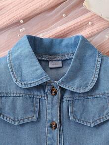 Baby Casual Button Front Puff Sleeve Denim Dress, Infant Girls Girls Daily Wear/Festival/Party Dress, As Gift - Dark Wash - View 2