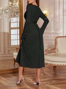 1pc Women Elegant Long Sleeve Bow Tied Square Collar A-Line Dress, Autumn