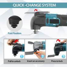 IKUNQUAN Herramienta multifunción inalámbrica, repuesto para Makita, con 2 baterías de 3000mAh, 21 accesorios, velocidad variable y ángulo de oscilación de 4°, motor de cepillo de 18V, oscilante para cortar y remover. - Azul - Ver 7