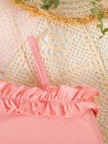 Conjunto de top de camisola sin mangas con volantes + pantalones cortos con estampado todo sobre de girasol y decoración de lazo para niñas jóvenes