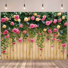 1 قطعة، خلفية جدارية بالزهور، خلفية ربيعية، خلفية تصوير فوتوغرافي بالزهور الربيعية، خلفية تصوير ألواح خشبية بنية مع جدار زهور، حفلة عيد ميلاد، زفاف، تعميد، خلفية تصوير فوتوغرافي