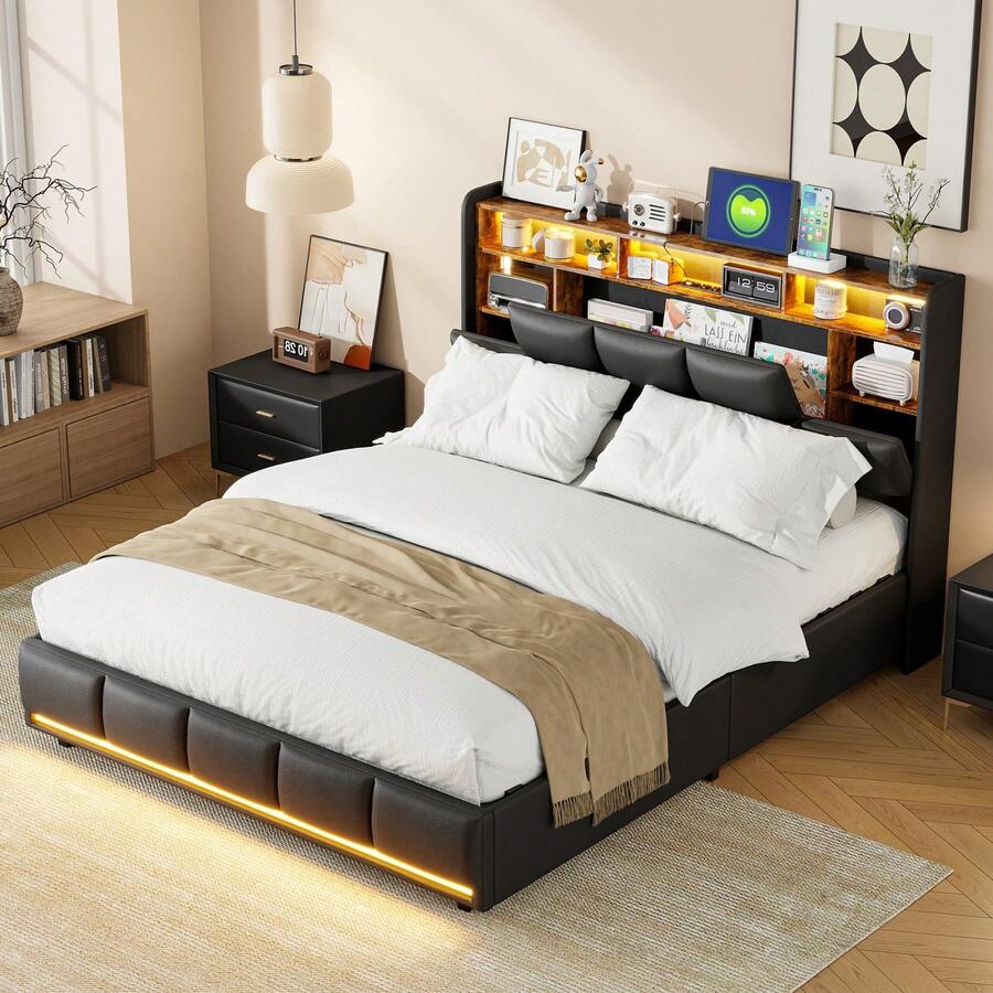 Upholstered Bed 140x200 Cm With Storage Headboard, Modern Double Bed Frame 140x200 Cm With Slatted Frame, Bed Box, Hydraulic Double Bed, Without Mattress, Black, PU Leather (160x200cm) - 黑色 - 查看 1