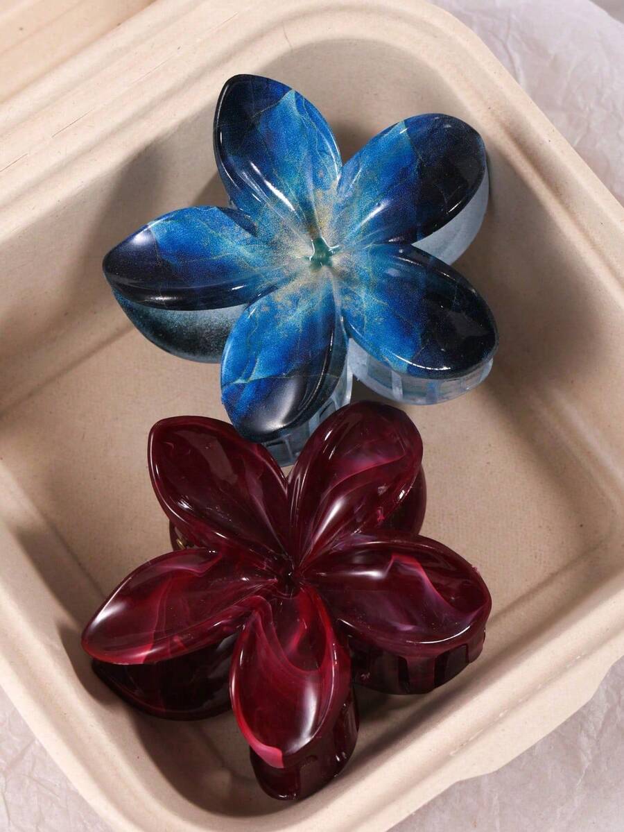 2 女士简约风格酒红色渐变亚克力花朵夹，用于后脑勺发髻，半绑发饰，装饰性发夹，日常佩戴配饰，优雅百搭的头饰，适合节日和日常使用发夹发夹发夹发夹 - 彩色 - 查看 1