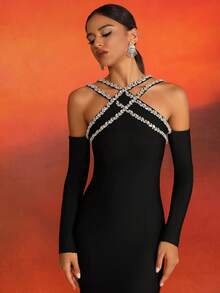 Love Aing Sophisticated Elegant European & American Style Long Sleeve Dress With Diamond-Studded Asymmetrical Mesh Splice And Lace Design - Black - View 9