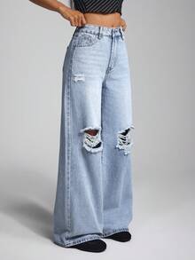 Jeanoix High Waist Slant Pocket Casual Ripped Wide Leg Jeans - Light Wash - View 5