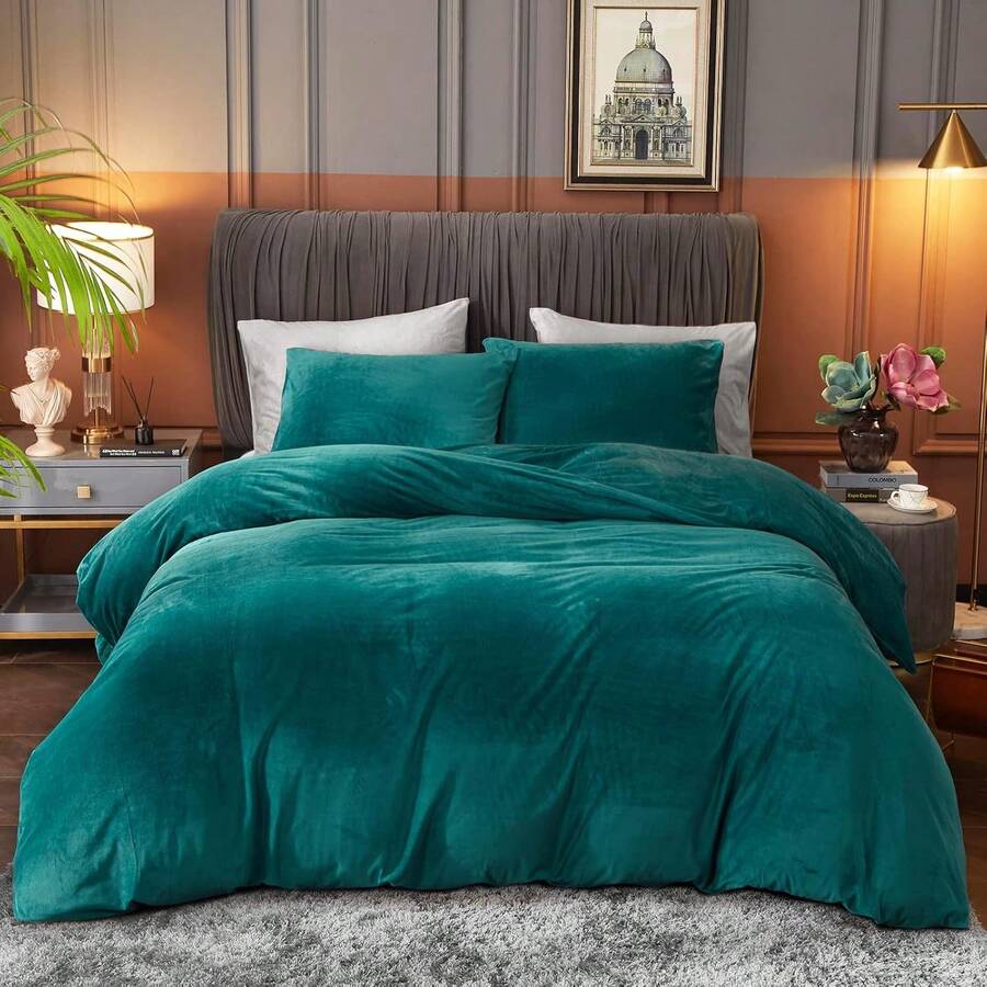 DIvellow Velvet Duvet Cover Queen Set Sage Green Comforter Cover 3Pcs Ultra Soft Cover Breathable Solid Luxury Flannel Velour Duvet Cover Zipper Closure Corner Tie - Peacock Blue - 查看 1