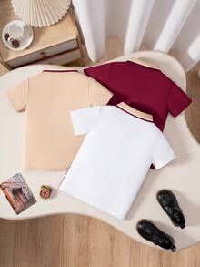 3件組男童多色刺繡短袖 Polo 衫，對比條紋領口學院風上衣，適合返校季與日常穿著 - 酒紅色 - 查看 2