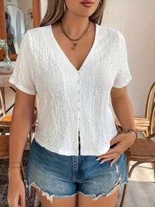 女士优雅白色V领短袖衬衫，纽扣细节设计 - 纯色，特殊面料质感，时尚休闲女式衬衫，夏季休闲上衣，适合成人 - 白色 - 查看 3