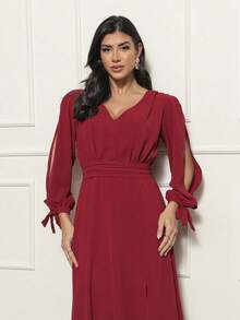 FASHION MIX PREMIUM Elegant Long Dress With Slit Long Sleeves With Tie With V-Neckline And Waist Adjustment Plus Size Women's Fits 38 To 44 - Gỗ đỏ - Xem 4