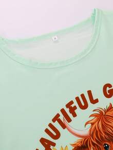 3pcs Women's Sleepwear Set, Short Sleeve Top, Shorts & Long Pants, Crew Neck, Breathable & Comfortable, Loose Fit, Bold Graphic Print, Suitable For All Seasons - Mint Green - View 5